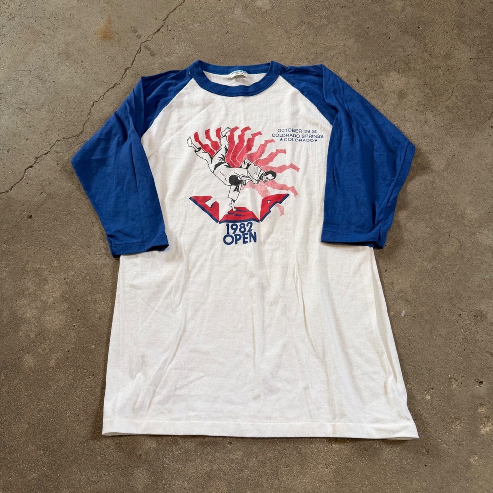 VTG 1982 USA Open Judo Paulison T-Shirt Mens Medium White Blue Raglan 3/4 Sleeve
